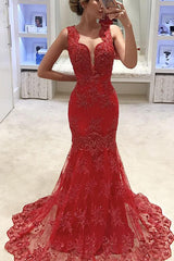 Sleeveless V-neck Mermaid Lace Evening Dress Red Sexy Prom Dresses Online