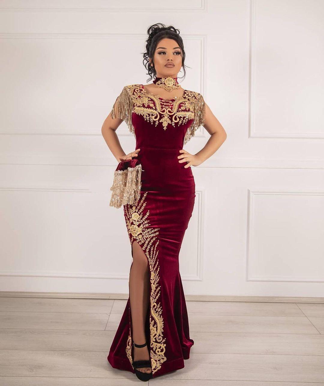 Sleeveless Velvet Burgundy Mermaid Prom Dress Tassel Gold Appliques Evening Gown with Side Split | Suzhoufashion Sleeveless Velvet Burgundy Mermaid Prom Dress Tassel Gold Appliques Evening Gown with Side Split | Suzhoufashion