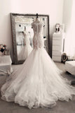 Sleevelss Sheath Mermaid Wedding Dresses Lace Tulle Long Bridal Gowns