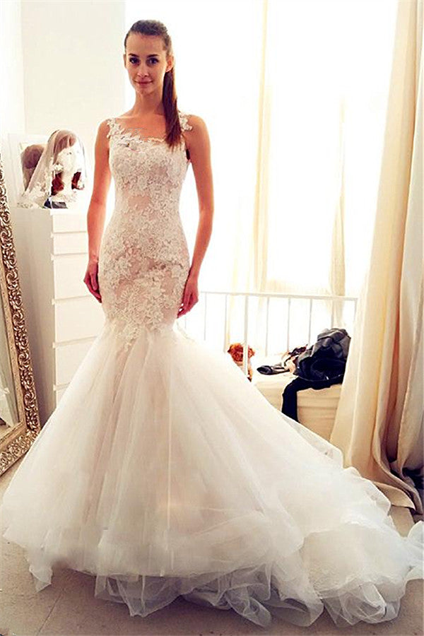 Sleevelss Sheath Mermaid Wedding Dresses Lace Tulle Long Bridal Gowns