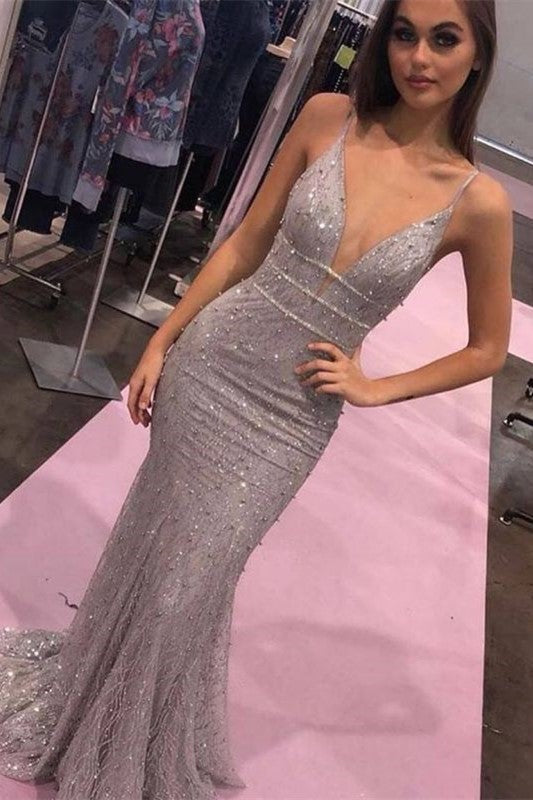 Slim Spaghetti Straps Mermaid Floor-Length Prom Dresses | Sequins Sleeveless Beading Evening Gown