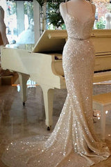 Spaghetti Strap Mermaid Sequin Evening Dresses Latest Natural Sweep Train Party Gowns