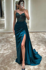 Spaghetti Strap Prom Dress Sleeveless Pleated Long Split Evening Formal Dress With Beadings