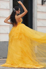 Spaghetti Strap Prom Dress V Neck Sleeveless Tulle Long Evening Formal Dress With Beadings