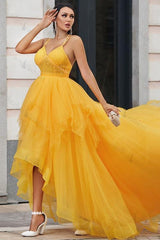 Spaghetti Strap Prom Dress V Neck Sleeveless Tulle Long Evening Formal Dress With Beadings