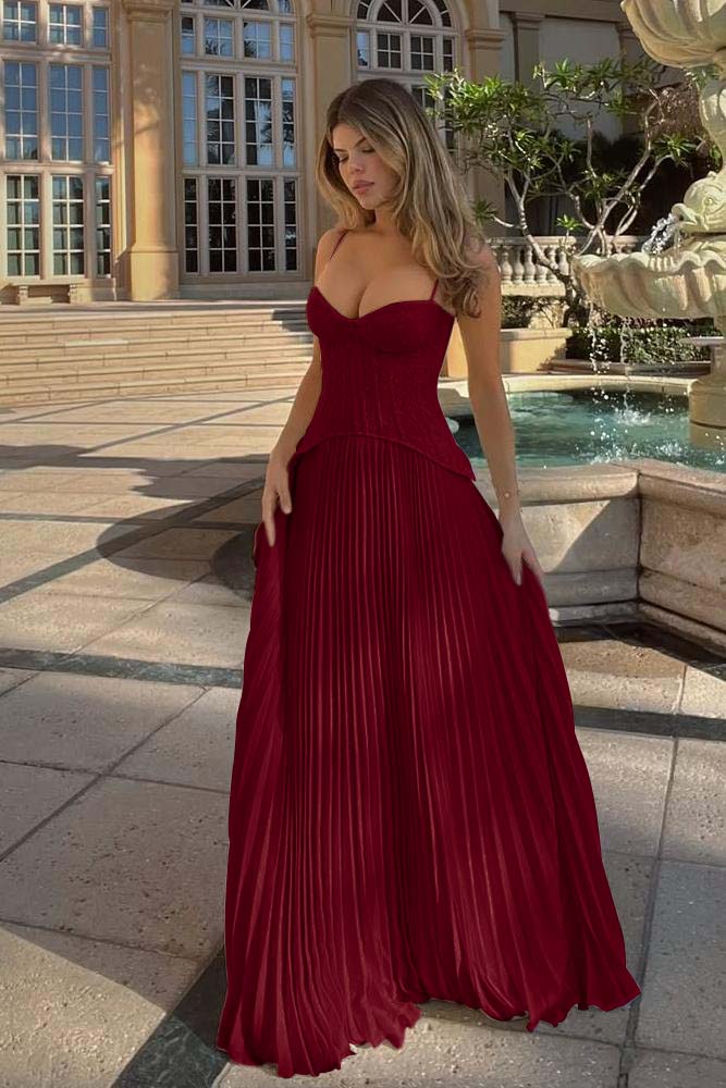 Spaghetti Strap Sleeveless Long Evening Formal Dress With Ruffled Embroidery