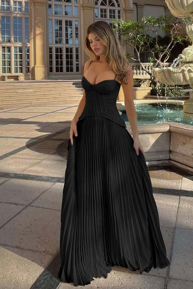 Spaghetti Strap Sleeveless Long Evening Formal Dress With Ruffled Embroidery