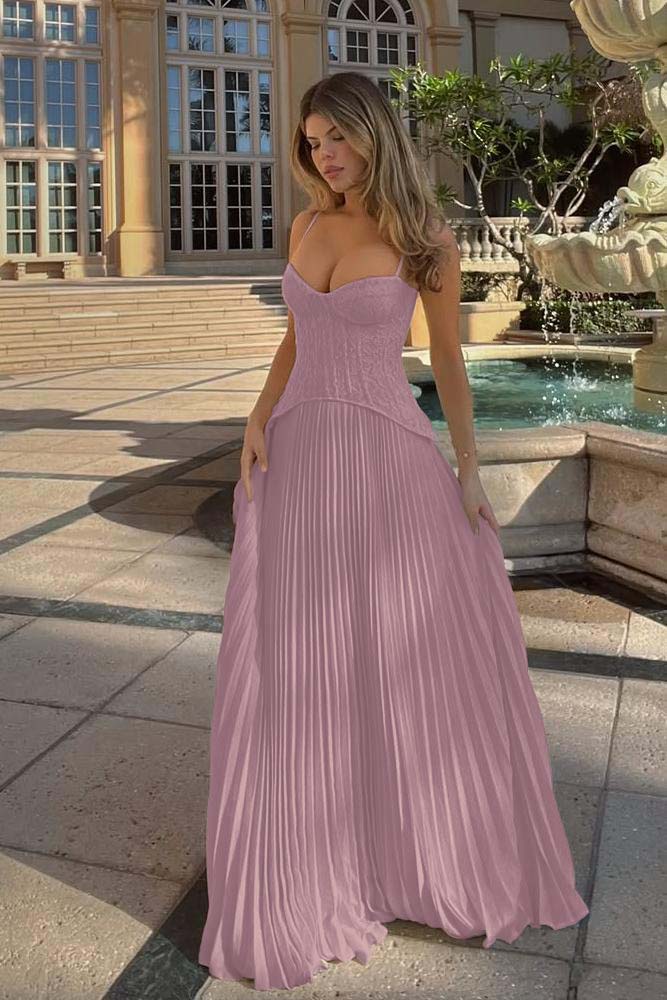 Spaghetti Strap Sleeveless Long Evening Formal Dress With Ruffled Embroidery