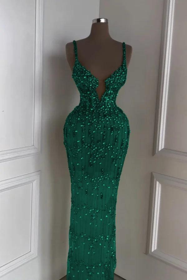 Spaghetti Strap Sleeveless Long Mermaid Evening Formal Dress With Beading