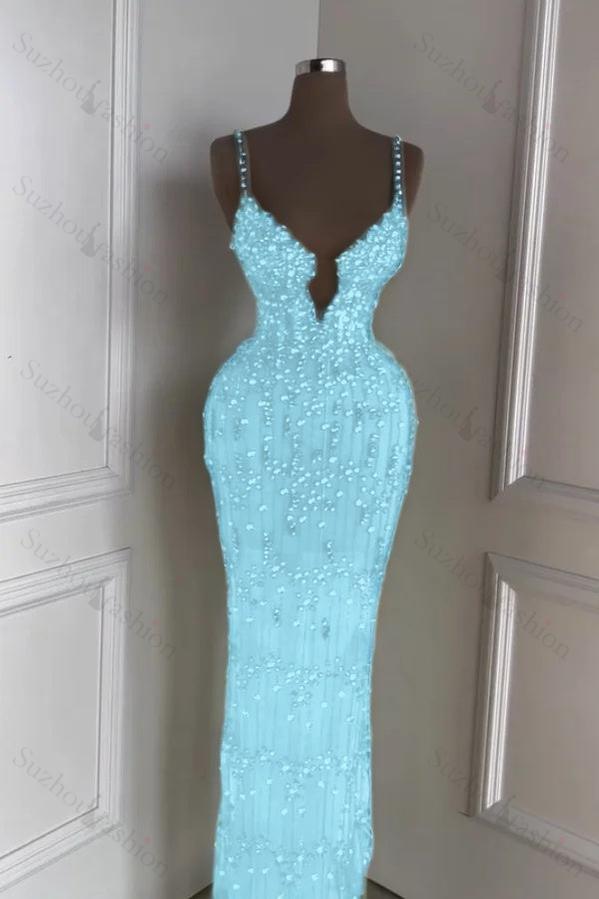 Spaghetti Strap Sleeveless Long Mermaid Evening Formal Dress With Beading