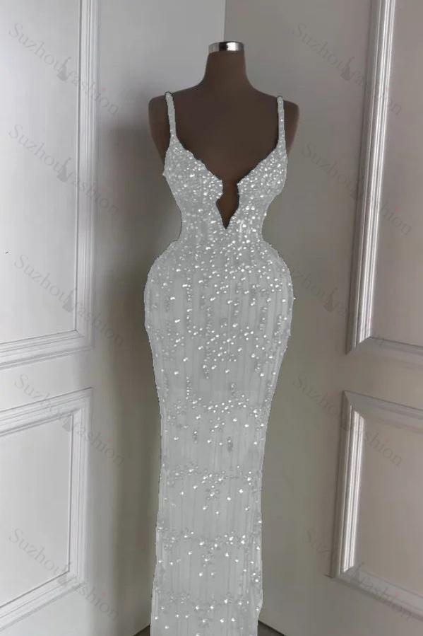 Spaghetti Strap Sleeveless Long Mermaid Evening Formal Dress With Beading