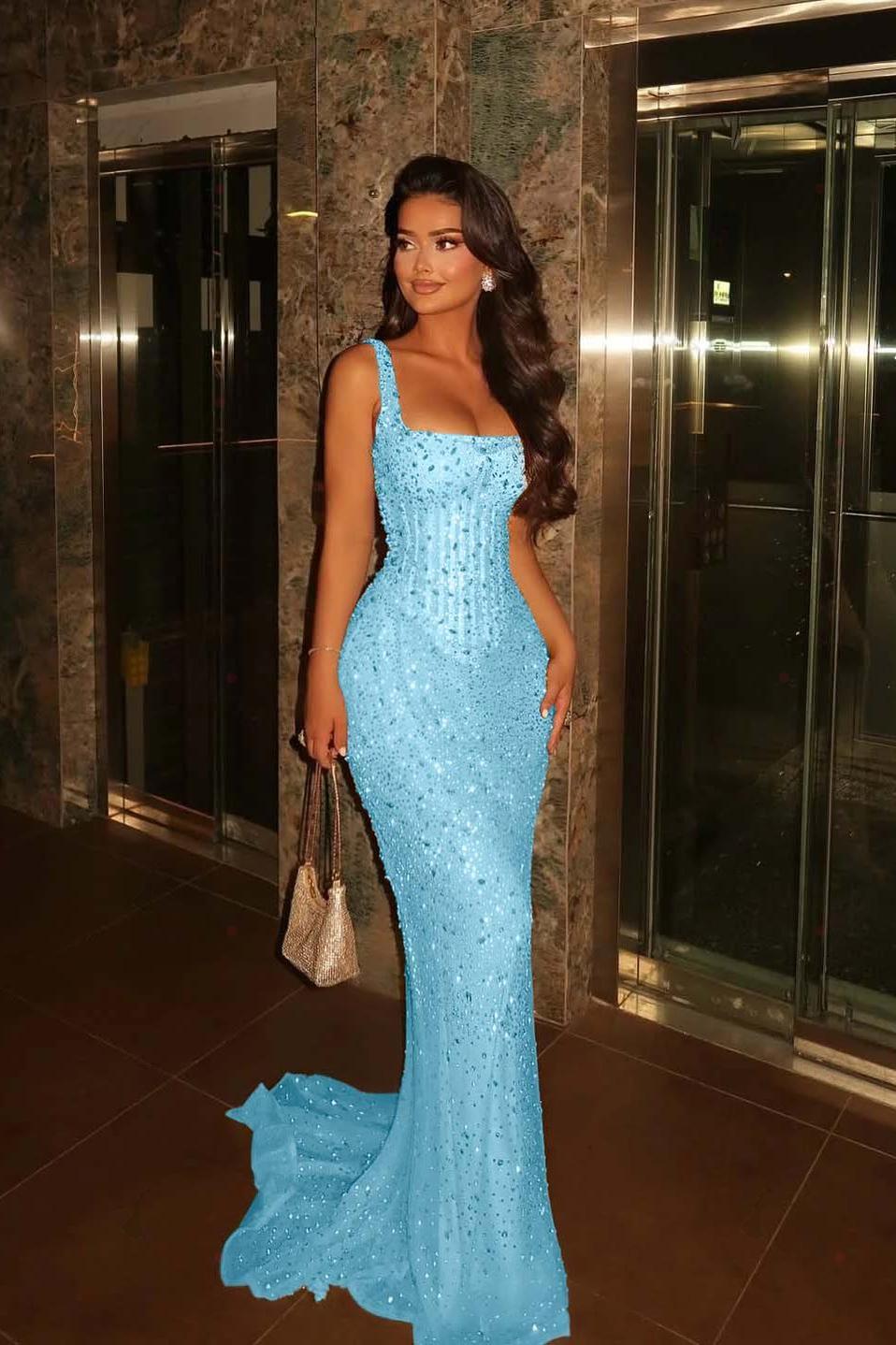 Spaghetti Strap Sleeveless Long Mermaid Evening Formal Dress With Beading