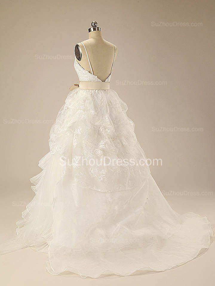 Spaghetti Strap White Lace Organza Bridal Gowns Open Back Bownknot Floor Length Wedding Dress
