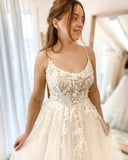 Spaghetti Strapes Floral Lace Aline Long Wedding Dress