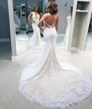 Spaghetti Straps Appliques Wedding Dresses | Sexy Lace Mermaid Backless Bridal Gowns
