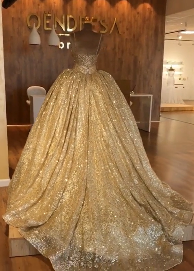 Spaghetti Straps Ball Gown Evening Dress | Gold Sparkle Sequins Luxury Formal Dress BC0826