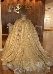 Spaghetti Straps Ball Gown Evening Dress | Gold Sparkle Sequins Luxury Formal Dress BC0826
