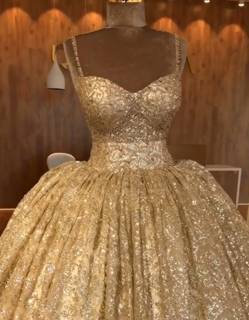 Spaghetti Straps Ball Gown Evening Dress | Gold Sparkle Sequins Luxury Formal Dress BC0826