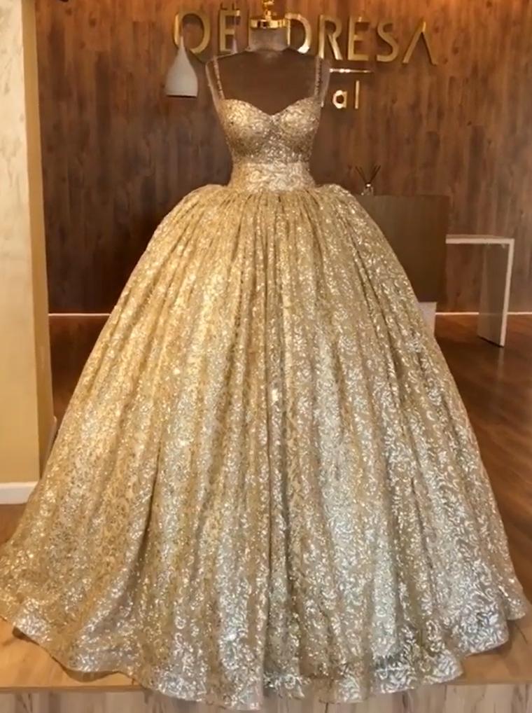 Spaghetti Straps Ball Gown Evening Dress | Gold Sparkle Sequins Luxury Formal Dress BC0826