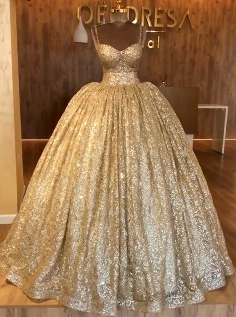 Spaghetti Straps Ball Gown Evening Dress | Gold Sparkle Sequins Luxury Formal Dress BC0826