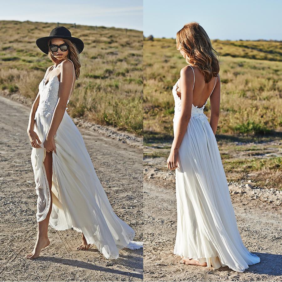Spaghetti Straps Beach Beach Wedding Dresses V-neck Open Back Chiffon Bridal Gown BO7255