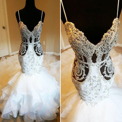 Spaghetti Straps Beads Appliques Backless Wedding Dresses | Sexy V-neck Mermaid Bridal Gowns