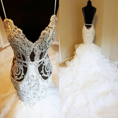 Spaghetti Straps Beads Appliques Backless Wedding Dresses | Sexy V-neck Mermaid Bridal Gowns