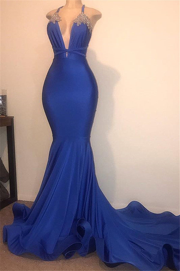 Spaghetti Straps Beads Appliques Prom Dresses | Sexy V-neck Mermaid Evening Gowns