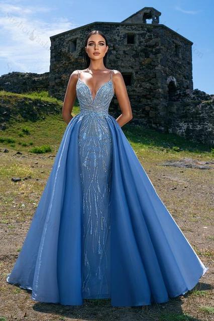 Spaghetti Straps Blue Prom Dress Evening Formal Dress Overskirt With Sequined