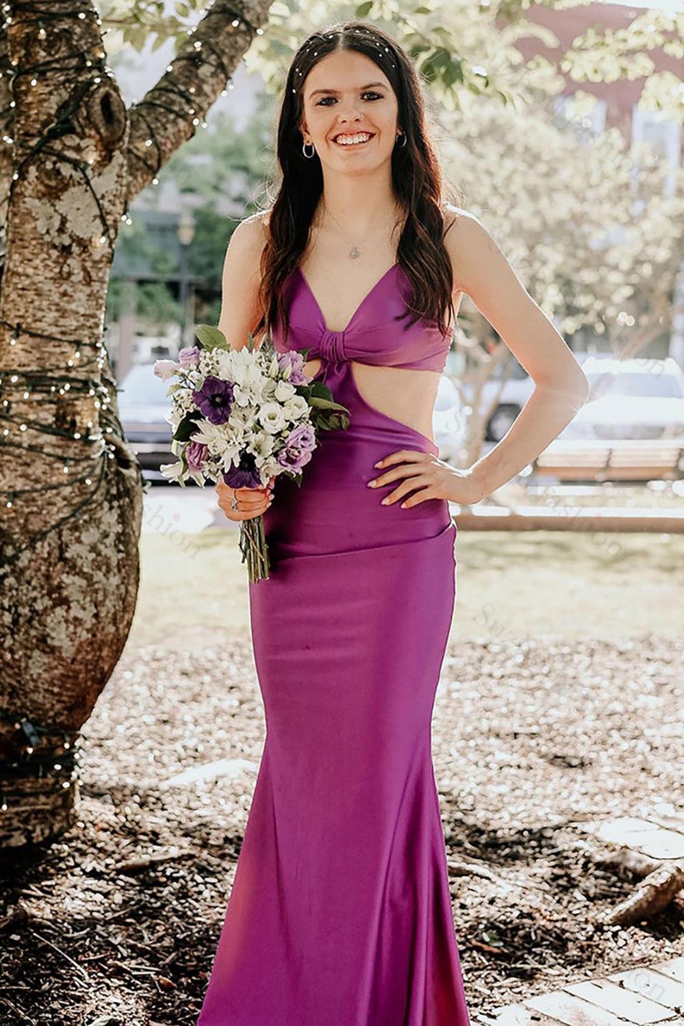 Suzhoufashion Spaghetti Straps Cut Out Fuchsia Prom Dress Long Formal Dress with Slit
