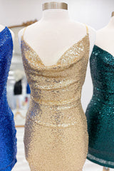 Spaghetti Straps Golden Homecoming Dresses Bodycon Short Cocktail Dresses with Sequin