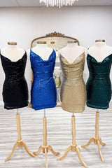 Spaghetti Straps Golden Homecoming Dresses Bodycon Short Cocktail Dresses with Sequin