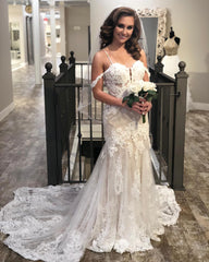 Spaghetti Straps Lace Mermaid Wedding Dresses | Delicate Appliques Bridal Dresses