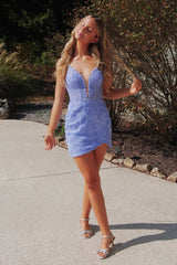 Spaghetti Straps Lilac Homecoming Dresses Bodycon Short Cocktail Dresses with Appliques