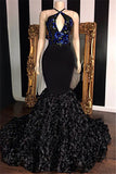 Spaghetti Straps Mermaid Black Flowers Prom Dresses | Sexy Sleeveless Keyhole Real Dress on Mannequins