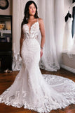 Spaghetti Straps Mermaid Floor Length Lace Bridal Gowns with Chapel Train
