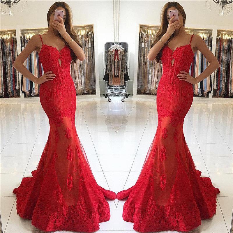 Spaghetti Straps Mermaid Red Prom Dresses Lace Appliques Sexy Evening Gowns BA6685