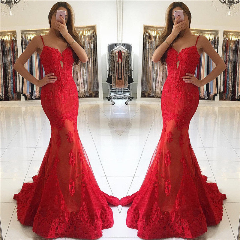 Spaghetti Straps Mermaid Red Prom Dresses Lace Appliques Sexy Evening Gowns BA6685