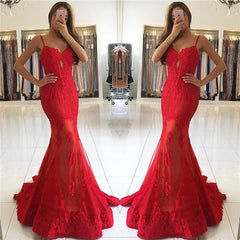 Spaghetti Straps Mermaid Red Prom Dresses Lace Appliques Sexy Evening Gowns BA6685
