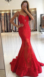 Spaghetti Straps Mermaid Red Prom Dresses Lace Appliques Sexy Evening Gowns BA6685
