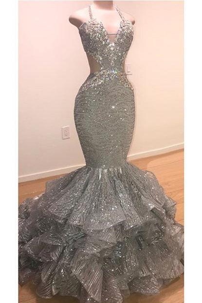 Spaghetti Straps Open Back Silver Grey Prom Dresses | Mermaid Tiered Ruffles Sexy Formal Dresses