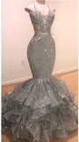 Spaghetti Straps Open Back Silver Grey Prom Dresses | Mermaid Tiered Ruffles Sexy Formal Dresses