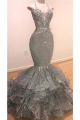Spaghetti Straps Open Back Silver Grey Prom Dresses | Mermaid Tiered Ruffles Sexy Formal Dresses