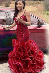 Spaghetti Straps Organza Ruffles Sexy Evening Dresses Backless V-neck Prom Gowns BA2774