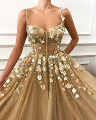 Spaghetti-Straps Princess Prom Dresses | Gorgeous Strapless Flowers Tulle Evening Gowns