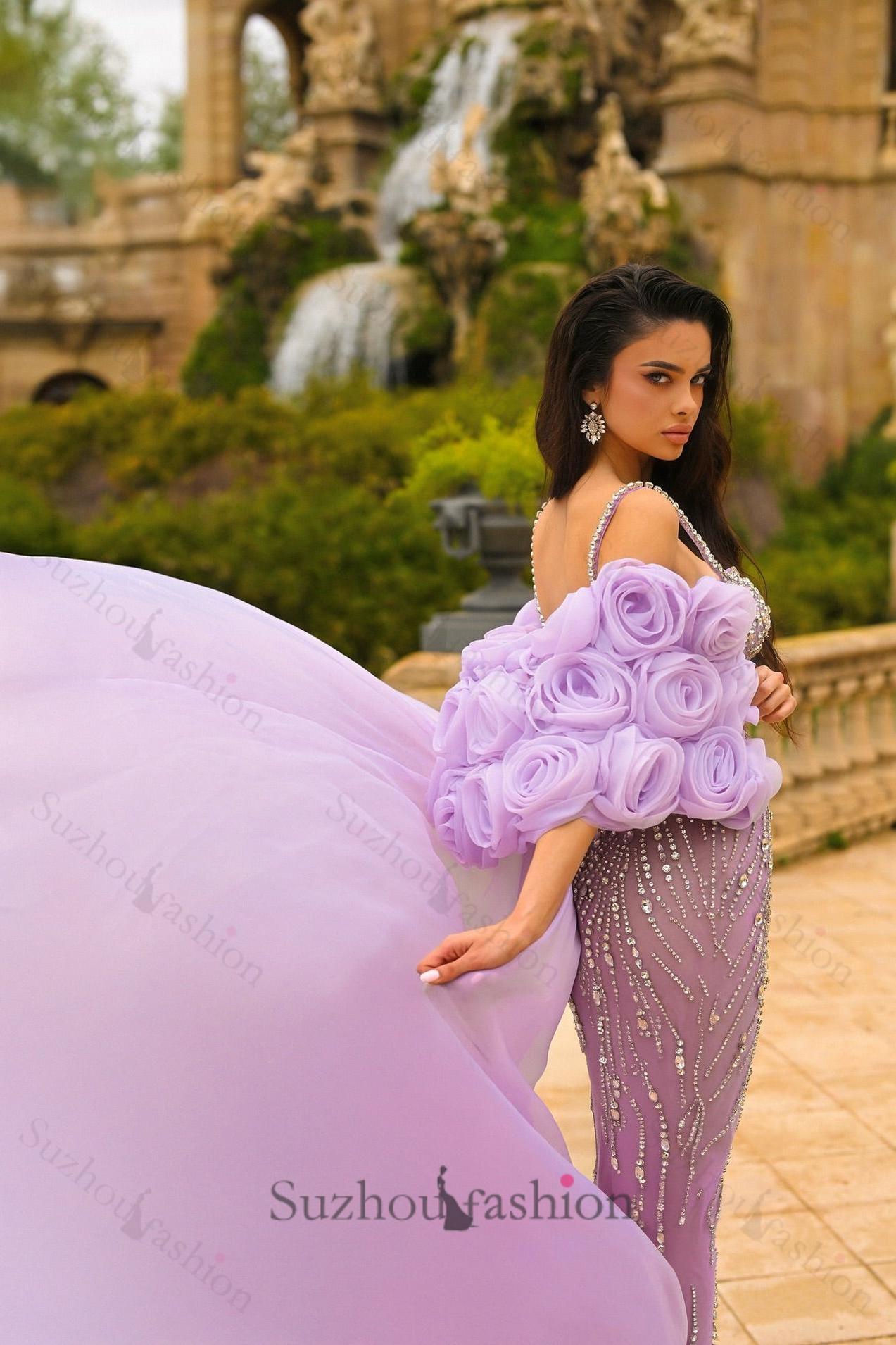 Spaghetti Straps Prom Dress Mermaid Beaded Formal Dress with 3D Flowers