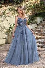 Spaghetti Straps Prom Dress Sequin A Line Tulle Evening Dress with Slit