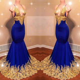 Spaghetti Straps Royal Blue Prom Dress with Gold Lace | Mermaid Sleeveless Sexy V-neck Prom Dress
