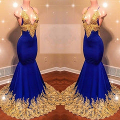 Spaghetti Straps Royal Blue Prom Dress with Gold Lace | Mermaid Sleeveless Sexy V-neck Prom Dress