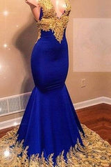 Spaghetti Straps Royal Blue Prom Dress with Gold Lace | Mermaid Sleeveless Sexy V-neck Prom Dress